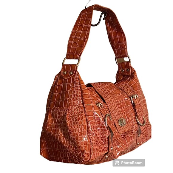 Orange Alligator Embossed Hobo Shoulder Bag Handbag Pockets Glossy Patent Finish - Picture 2 of 16